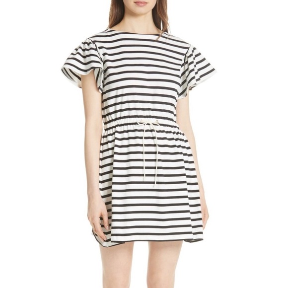 Kate Spade Short Flutter Sleeve Black and White Stripe Tie Waist Dress Women XL - Picture 1 of 8